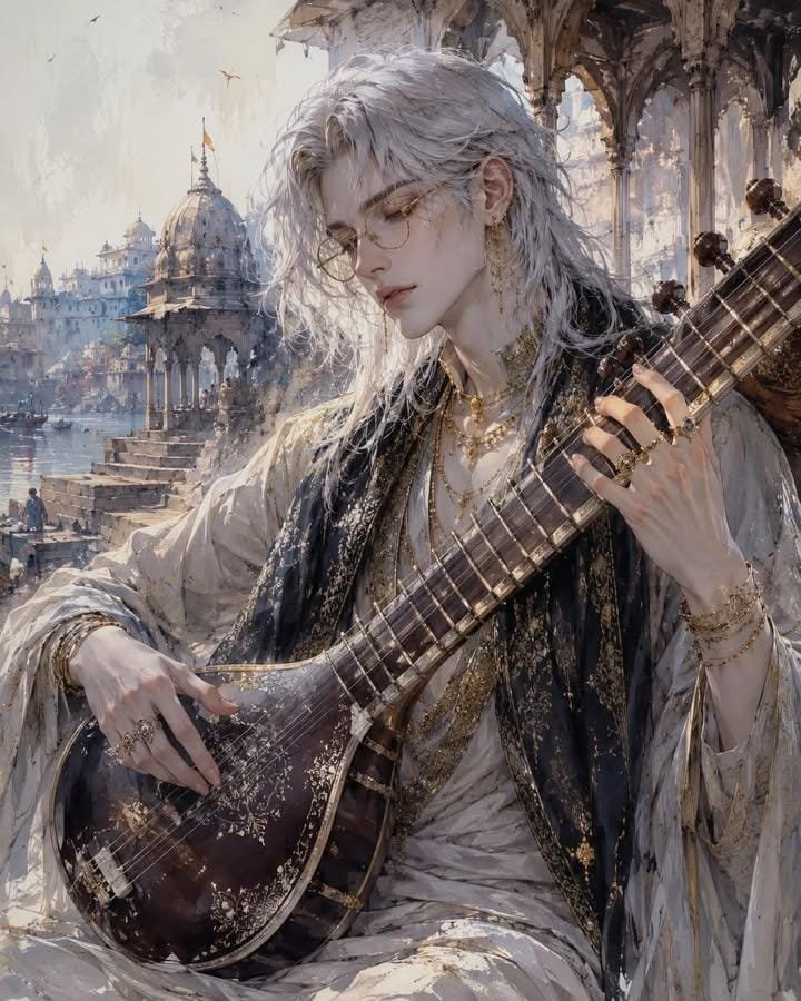 一幅令人屏息的空灵奇幻肖像，描绘一位中性气质的年轻流浪乐师