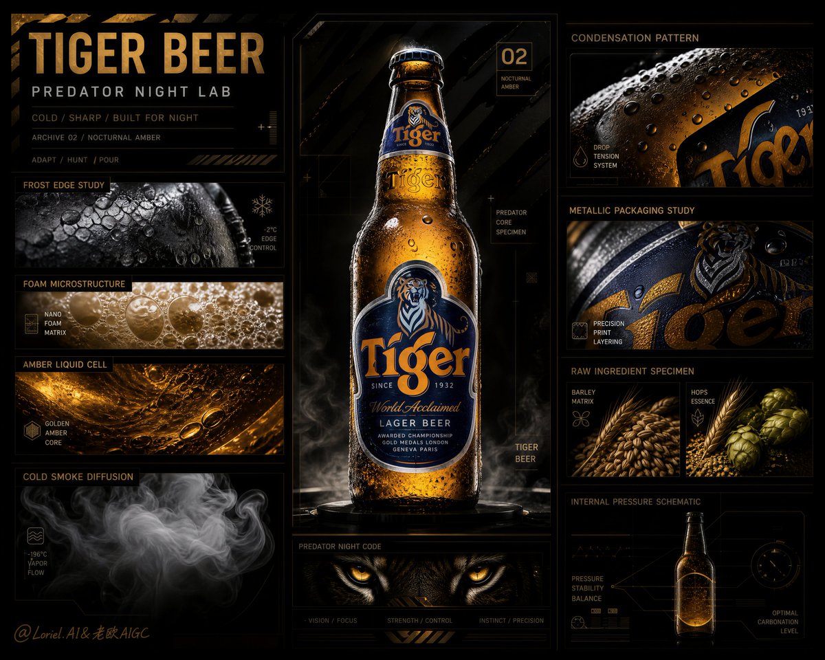 为虎牌啤酒（Tiger Beer）制作一张极致高级的暗黑编辑风广告海报